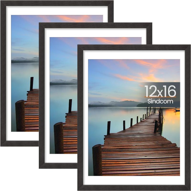 Photo 1 of Sindcom 12x16 Frame 3 Pack, with Detachable Mat for 11x14 Pictures, Wall Mounting Charcoal Gray Photo Frame, Pre-Installed Hanging Hooks for Portrait or Landscape Mode