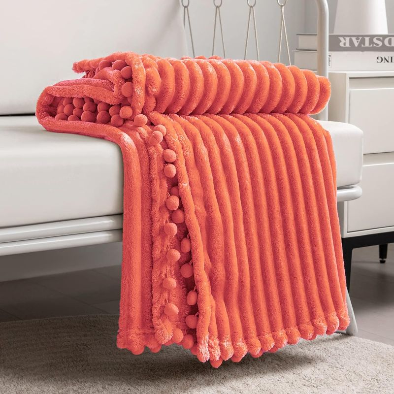 Photo 1 of DISSA Fleece Blanket Throw Size – 51x63, Coral – Soft, Plush, Fluffy, Fuzzy, Warm, Cozy – Perfect Throw for Couch, Bed, Sofa - with Pompom Fringe - Flannel Blanket Throw Blanket