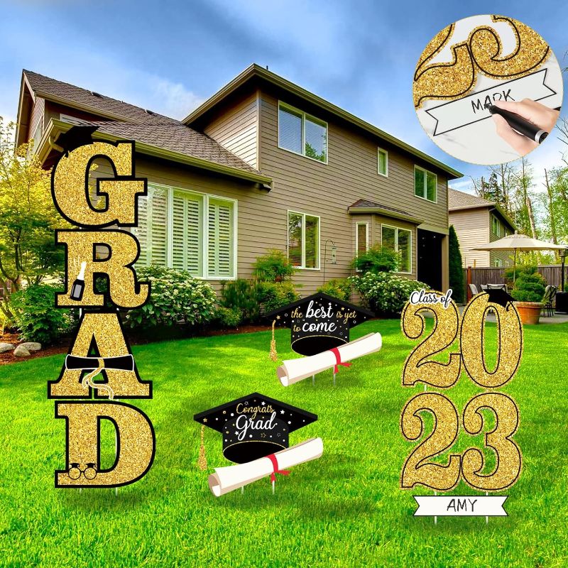 Photo 1 of Gold Graduation Party Outdoor Decorations for Class Of 2023-2023 GRAD Cap Graduation Yard Lawn Sign Stakes with Name Sign for 2023 Outdoor Grad Party Decor Supplies 9 Pieces