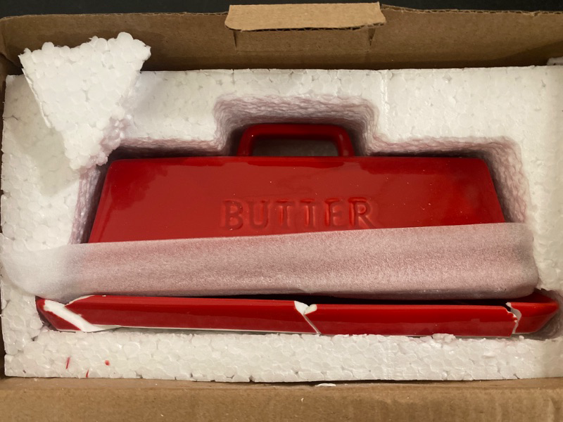 Photo 2 of Gute Butter Dish with Lid for Countertop, Covered Ceramic Butter Dish, Butter Tray Storage for 1 Stick of Butter, Butter Keeper Container with Handle for Kitchen, Red