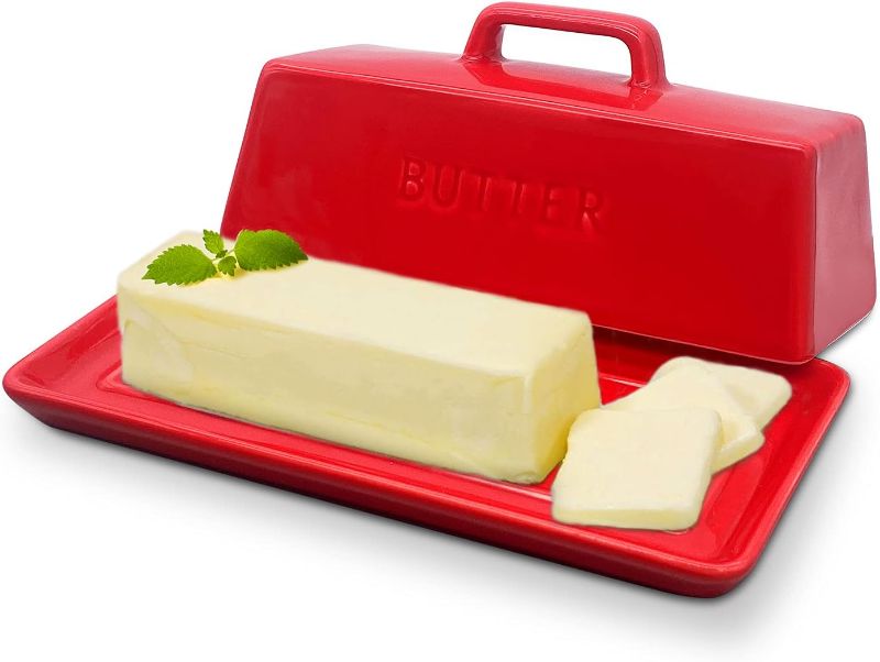 Photo 1 of Gute Butter Dish with Lid for Countertop, Covered Ceramic Butter Dish, Butter Tray Storage for 1 Stick of Butter, Butter Keeper Container with Handle for Kitchen, Red