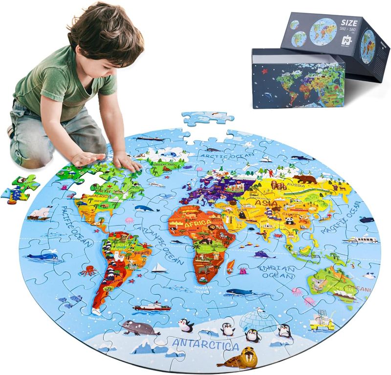 Photo 1 of DIGOBAY World Map Jigsaw Puzzle for Kids 4-8, 70 Piece Globe Large Round Floor Puzzles for Kids Ages Toddler Puzzle Geography Games Educational Toys Birthday for Children
