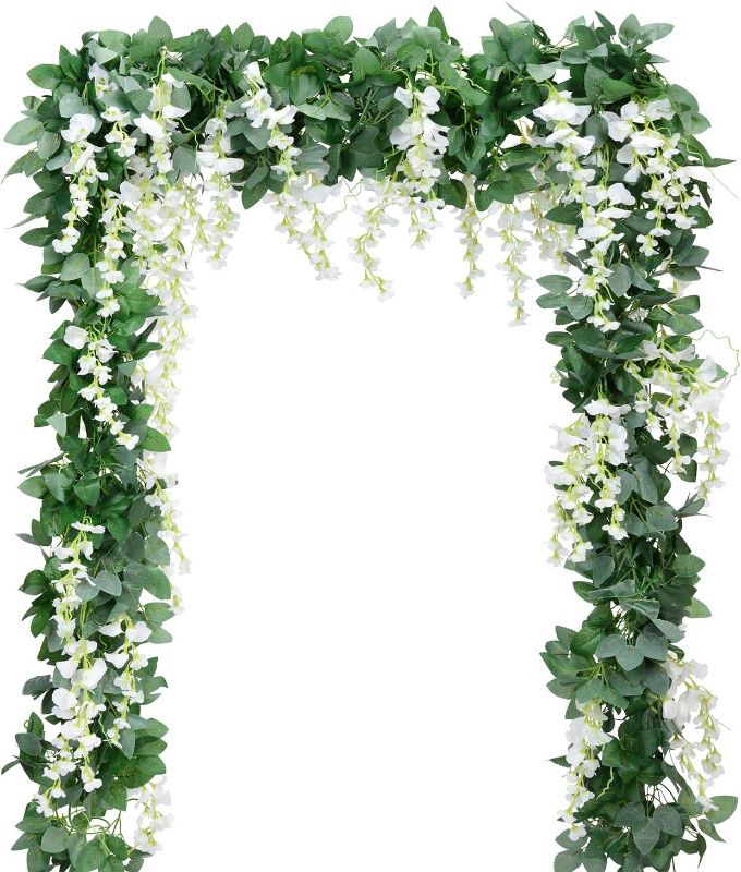 Photo 1 of Artificial Flowers Silk Wisteria Vine 5pcs 6.6ft/Piece Wisteria Artificial Plants Greenery Fake Hanging Vines Green Leaf Garland for Wedding Kitchen Home Party Decor (White)