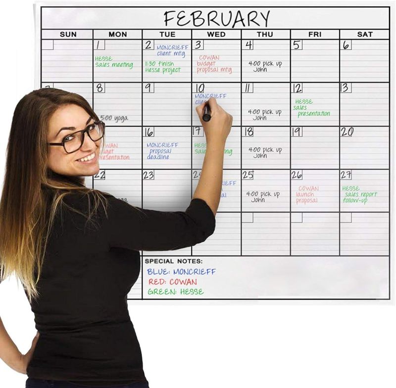 Photo 1 of Dry Erase Laminated Jumbo Wall Calendar, Huge 24-inch by36-Inch Size, Monthly Planner for Home Office, Classroom, Large Date Boxes, Reusable Film, Never Folded, Includes 5 Markers, 8 Tacks. I Eraser