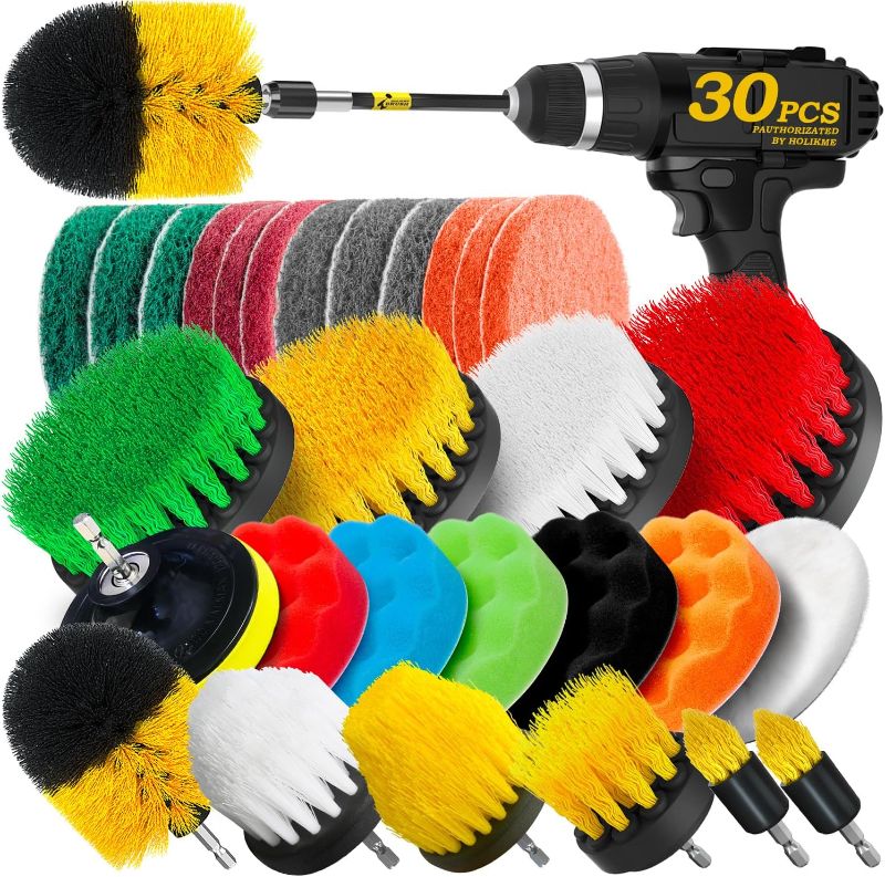 Photo 1 of Holikme 30 Piece Drill Brush Attachments Set,Scrub Pads & Sponge, Power Scrubber Brush with Extend Long Attachment All Purpose Clean for Grout, Tiles, Sinks, Bathtub, Bathroom, Kitchen