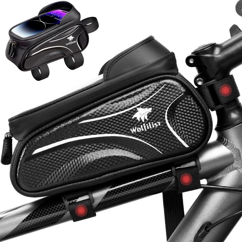 Photo 1 of WOLFILIST Bike Bag, Waterproof Bike Frame Bag with Sun-Visor Rain Cover, Bike Phone Holder with TPU Sensitive Touch Screen
