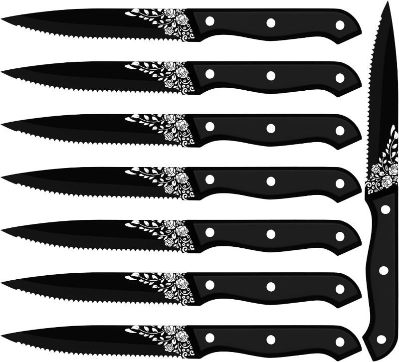 Photo 1 of EUIRIO 8-Pieces Steak Knives,Matte Black Steak Knives Set of 8,Stainless Steel Serrated Steak Knives,Full Tang Triple-Riveted Dinner Knives with Laser Pattern,Dishwasher Safe for Kitchen Restaurant