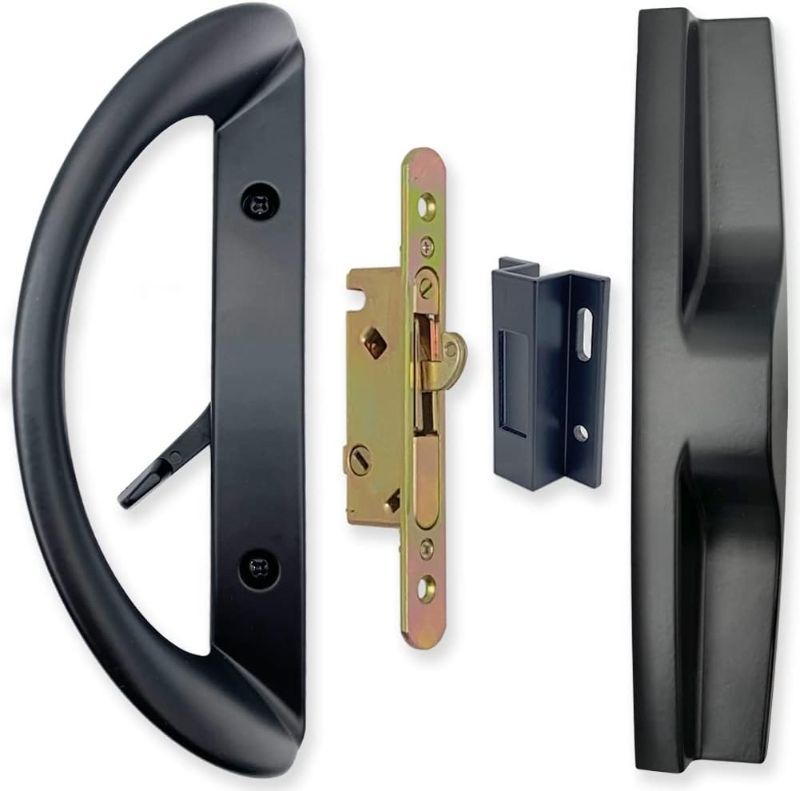 Photo 1 of ALLYWASAI Patio Sliding Door Handle Set with Mortise Lock, Face Plate and Keeper, Replacement Handle Lock Set Fits Door Thickness from 1-1/2" to 1-3/4", 3-15/16" Screw Hole Spacing, Non-keyed, Black