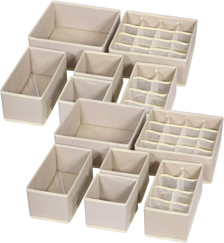 Photo 1 of TENABORT 12 Pack Foldable Drawer Organizer Dividers Cloth Storage Box Closet Dresser Organizer Cube Fabric Containers Basket Bins for Underwear Bras Socks Panties Lingeries Nursery Baby Clothes Beige