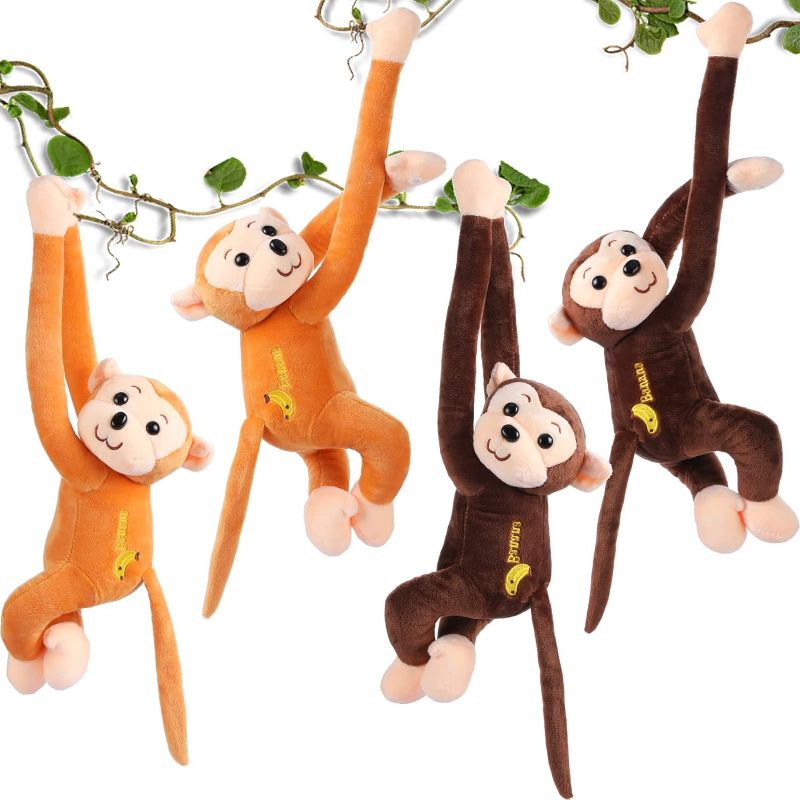 Photo 1 of 4-Pack 17.8" Hanging Stuffed Monkeys with Hook & Loop Fasteners - Plush Toy Gifts for Teens & Adults, Plush Stuffed Animal Toys Soft Monkey Doll Decoration (Brown, Khaki)