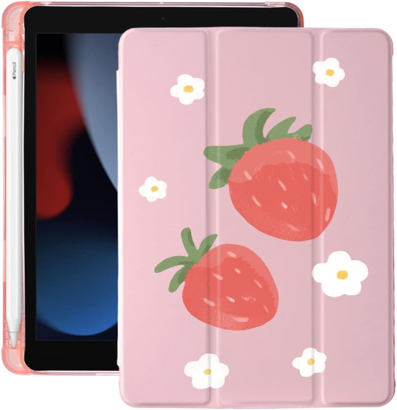Photo 1 of Cute Flower Strawberry for iPad Mini 5 Case with Pencil Holder, Auto Sleep/Wake, Pink Leather with Clear Soft TPU Back Cover