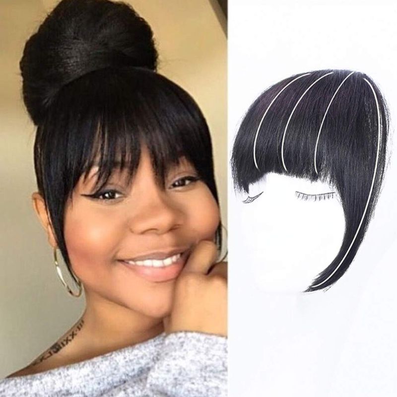 Photo 1 of Clip in Bangs Natural Black Bangs Clip in Fringe Hair Extensions Remy Human Hair with Temples Natural Color for Women
