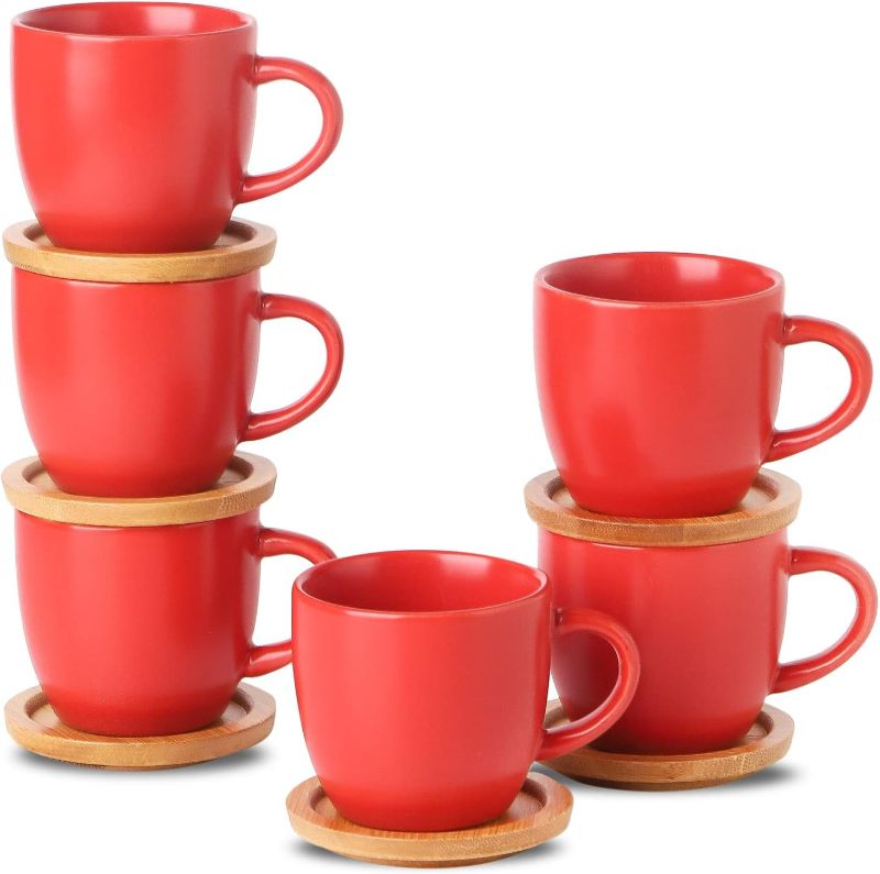 Photo 1 of Hasense Espresso Cups and Saucers Set of 6, Demitasse Cups with Handle for Coffee Drinks, Latte, Cappuccino, Cafe Mocha and Tea, 4 Ounce Porcelain Coffee Cups for Coffee Bar Home and Party, Red