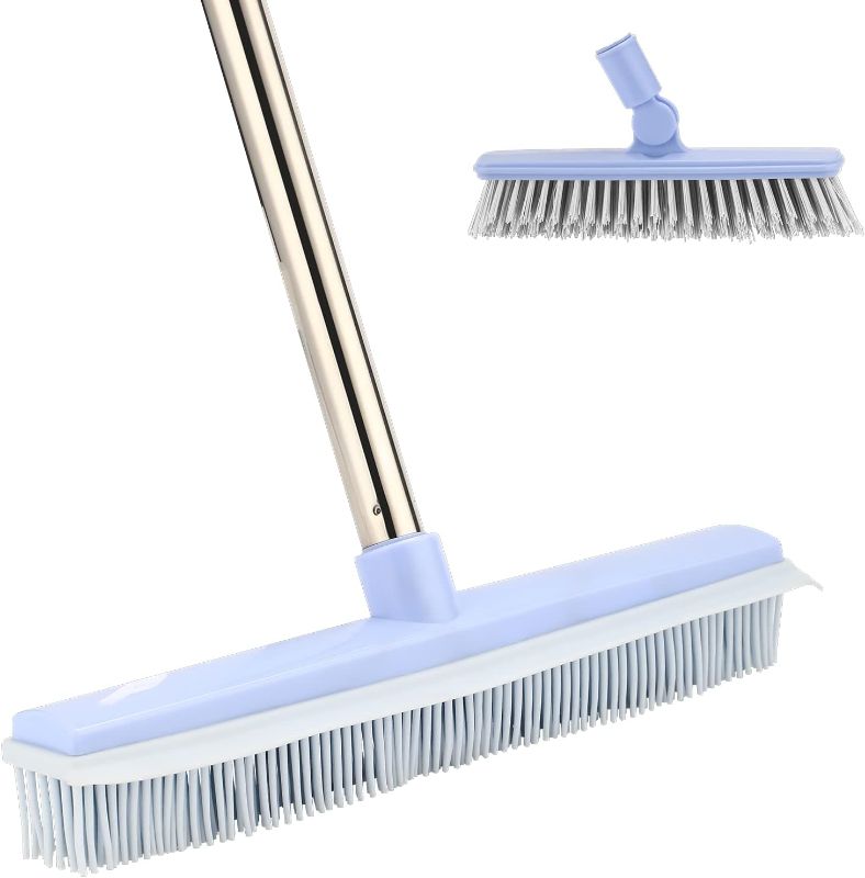 Photo 1 of Rubber Broom Carpet Rake for Pet Dog Hair Remover with Squeegee,Push Broom with Grout Cleaner Brush,Remover Rug Brush Broom with 56" Long Handle for Carpet Hardwood Floor Tile Windows Cleaning