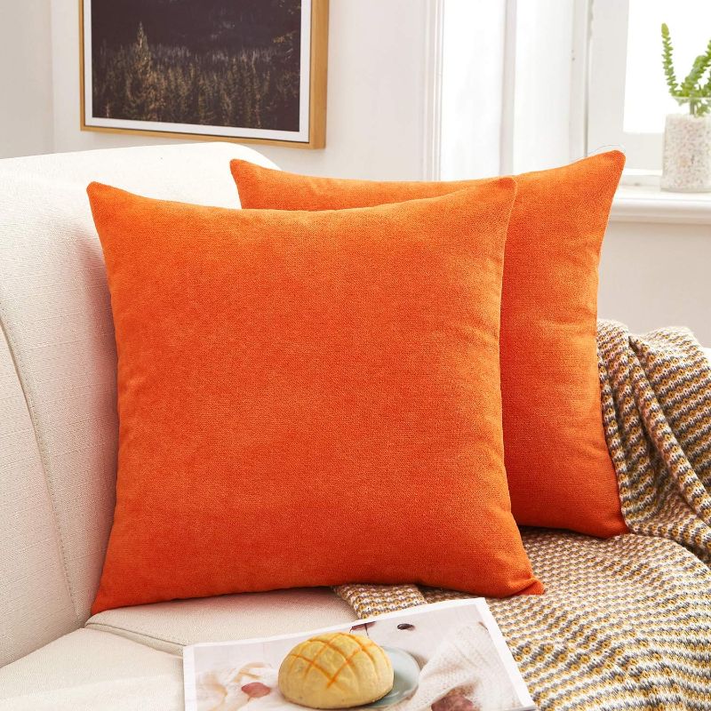 Photo 1 of MERNETTE Pack of 2, Thick Chenille Decorative Square Throw Pillow Cover Cushion Covers Pillowcase, Home Decor Decorations for Sofa Couch Bed Chair 18x18 Inch/45x45 cm (Orange)