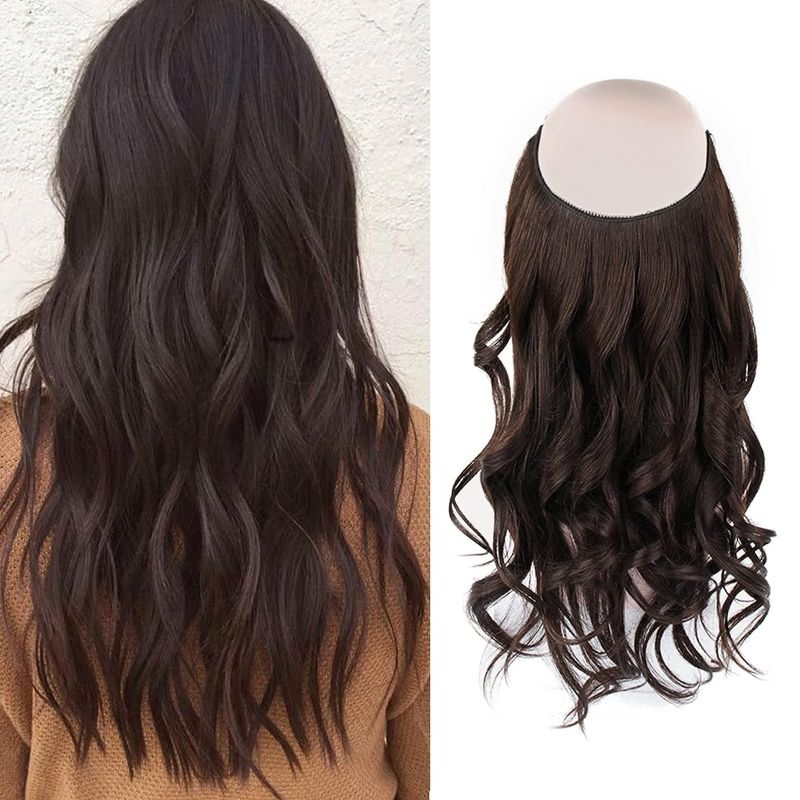 Photo 1 of  Invisible Wire Hair Extensions Human Hair Dark Brown Hair Extensions Real Hair for Women Secret Invisible Fish Line Extensions