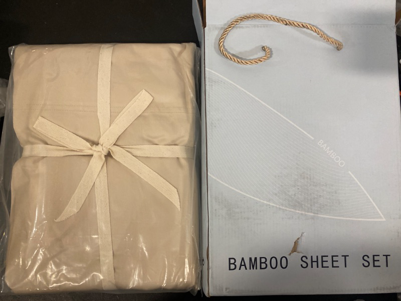 Photo 2 of CENBA Bamboo Sheets - 4 Piece Bedding Set - 100% Organic Bamboo Sheet Set - Soft Breathable Deep Pocket - 1 Flat 1 Fitted Sheet 2 Pillowcases (Queen, Light Khaki)