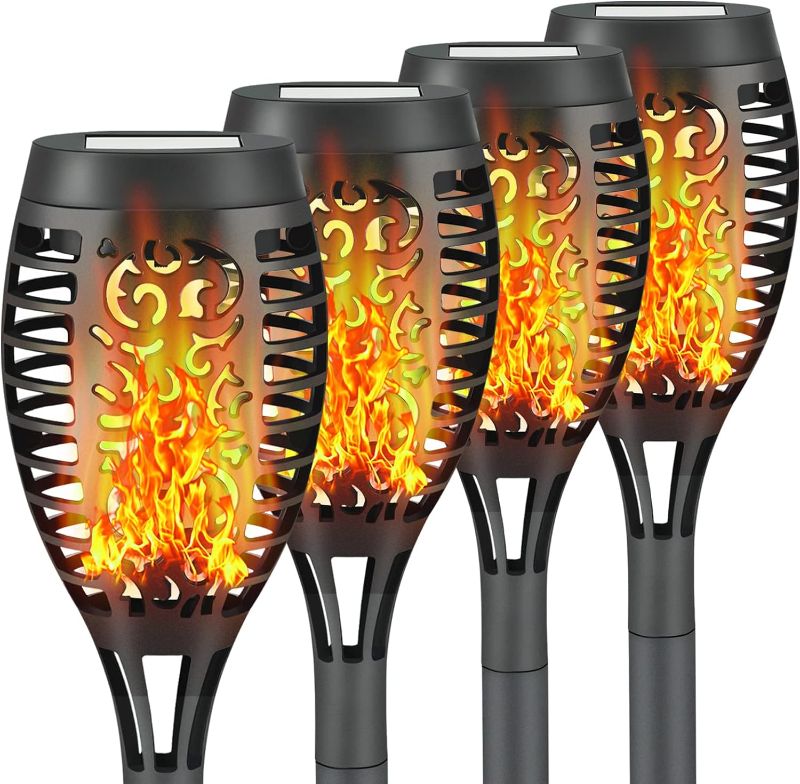 Photo 1 of Liveasily 4 Pack Led Solar Torch Light with Flickering Flame Outdoor Waterproof Halloween Decorations, Solar Torches Stake Lights, Auto On/Off Solar Garden Lights Decorations
