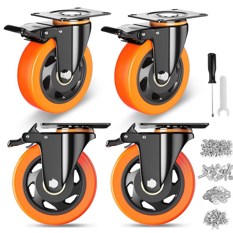 Photo 1 of 4 Inch Caster Wheels, Casters Set of 4, Heavy Duty Casters with Brake 2200 Lbs, Locking Industrial Swivel Top Plate Casters Wheels for Furniture and Workbench Cart(Two Hardware Kits Include)