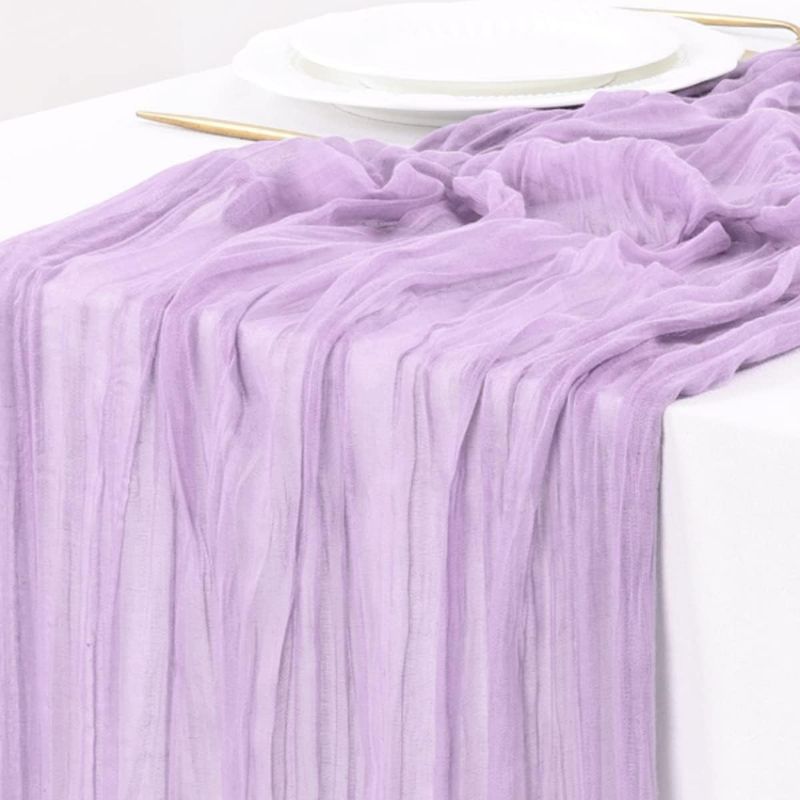 Photo 1 of  Cheesecloth Table Runner 10ft Gauze Boho Rustic Lilac Cheese Cloth Table Runner for Wedding Bridal Shower Fall Thanksgiving Christmas Decoration 10pcs Lilac Purple (2 pack)