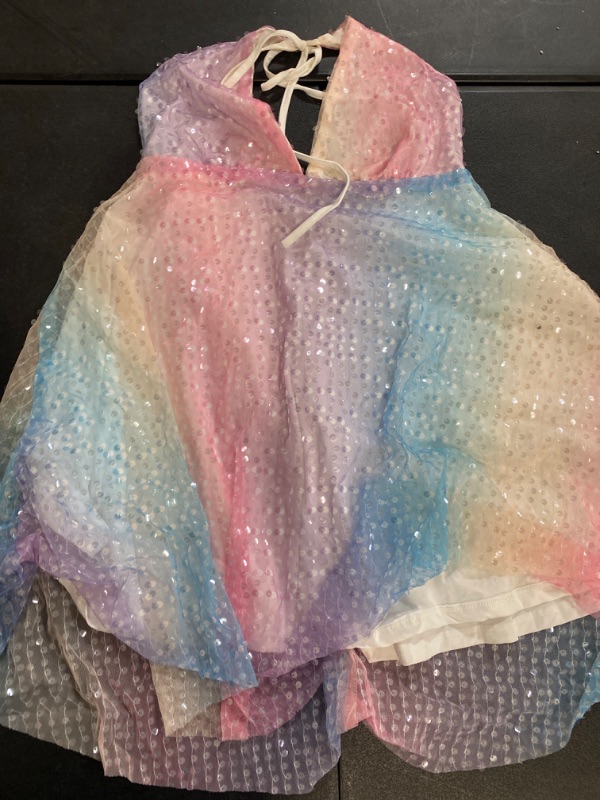 Photo 2 of Women Sequin Glitter Mini Dress Sleeveless Halter V Neck Backless Ruffle Short Dress Sparkly Shiny Party Club Dress- Size L
