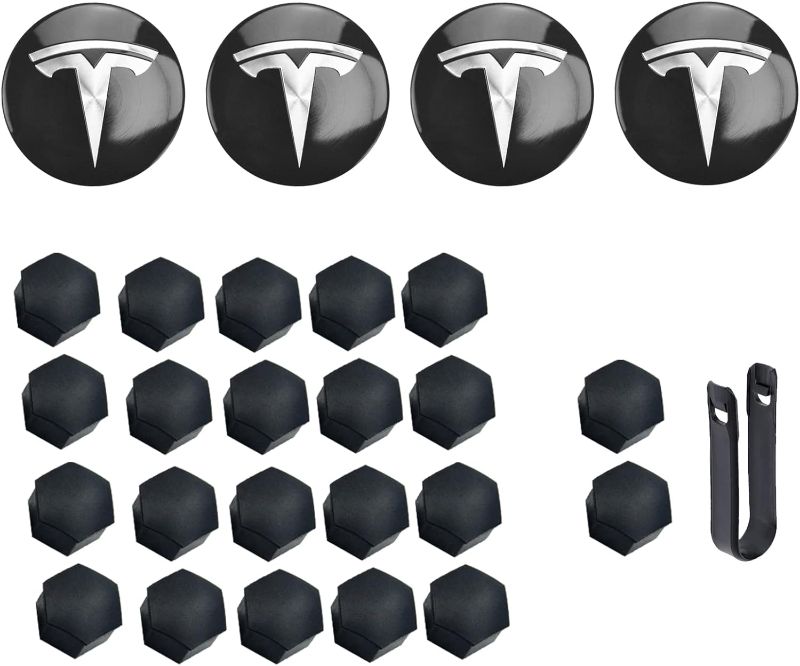 Photo 1 of Powlamks Wheel Center Hub Cap Kit for Tesla Model 3 18" Aero Wheels & Model Y 19" Gemini Wheels (4 Hub Center Cap + 22 Lug Nut Cover) Silver Tesla Accessories