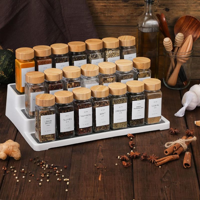Photo 2 of NETANY 24 Pcs Glass Spice Jars with Bamboo Lids, 4 oz Glass Jars with Minimalist Farmhouse Spice Labels Stickers, Collapsible Funnel, Seasoning Storage Bottles for Spice Rack, Cabinet, Drawer