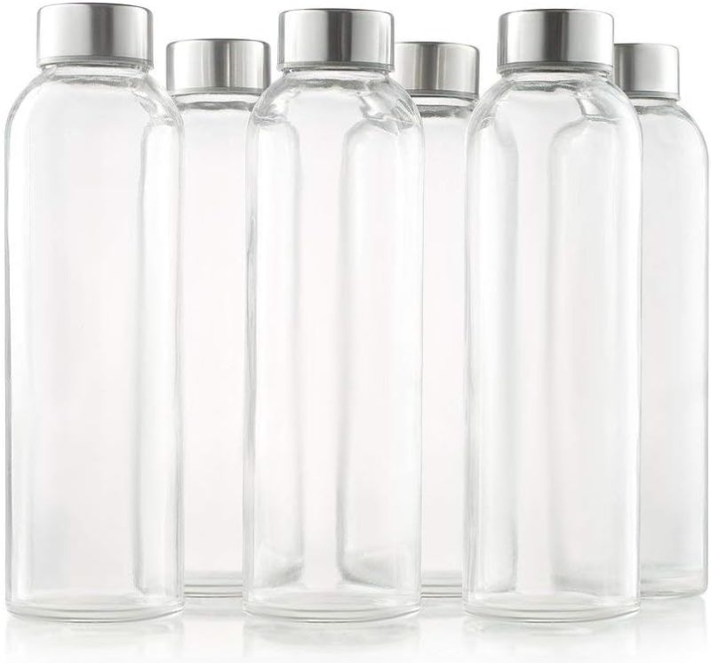 Photo 1 of glass bottles 6 Pack 18oz - Includes 6 Sleeves (COLORS MAY VARY) - glass drinking bottles for Beverage and Juice - water bottle glass with stainless Steel Caps with - Leak-Proof Lid