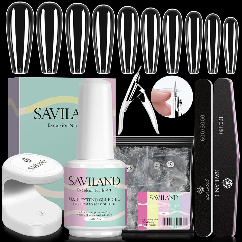 Photo 1 of SAVILAND Gel X Nail Kit for Beginner - Long Coffin Nail Tips with 4-in-1 Nail Glue Gel and Nail Lamp Clear Gel X Tips Acrylic Nail Kit Nail Extensions Kit, Nail Art DIY Salon At Home Gift for Women