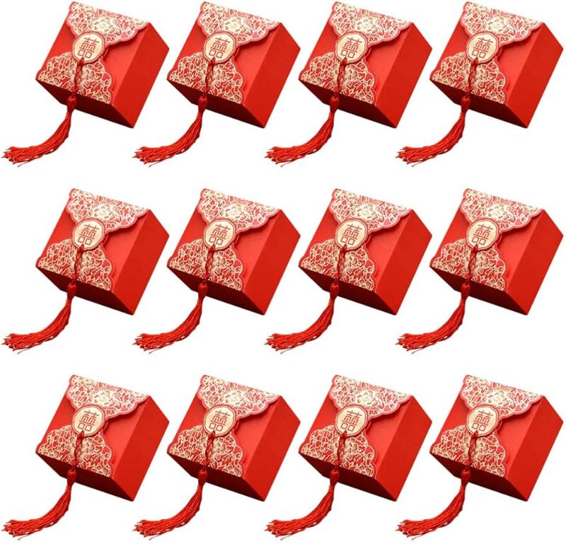 Photo 1 of KESYOO 20pcs Wedding Party Favor Boxes Chinese Style Xi Candy Chocolate Gift Boxes with Tassels for Wedding Baby Shower Birthday Party (Red) L