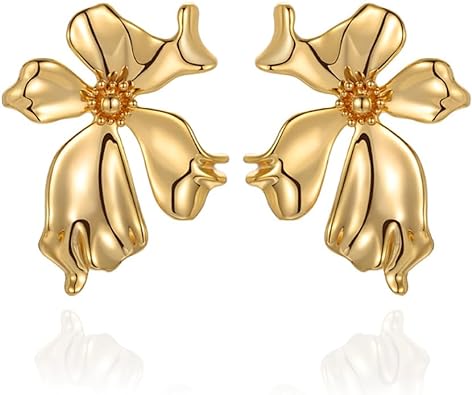 Photo 1 of LOK68 Statement Big Metal Flower Ear Stud Earrings,Dainty Vintage 18K Gold Filled Stainless Steel Large Floral Earrings,Fashion Boho Delicate Earrings for Women Girls