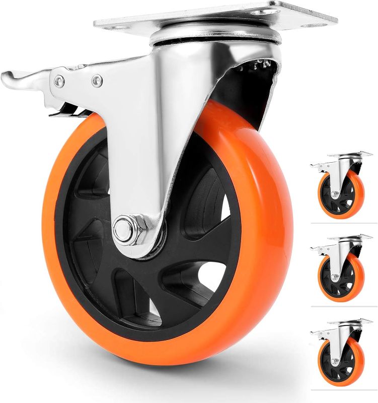 Photo 1 of W B D WEIBIDA 5 inch Swivel Caster Wheels with Dual Locking, Heavy Duty Castors Set of 4, Silent Rolling, Top Plate Casters for Cart, Workbench, Furniture (Free Hardware Kits)