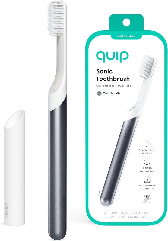 Photo 1 of Quip Adult Electric Toothbrush - Sonic Toothbrush with Travel Cover & Mirror Mount, Soft Bristles, Timer, and Metal Handle - Slate