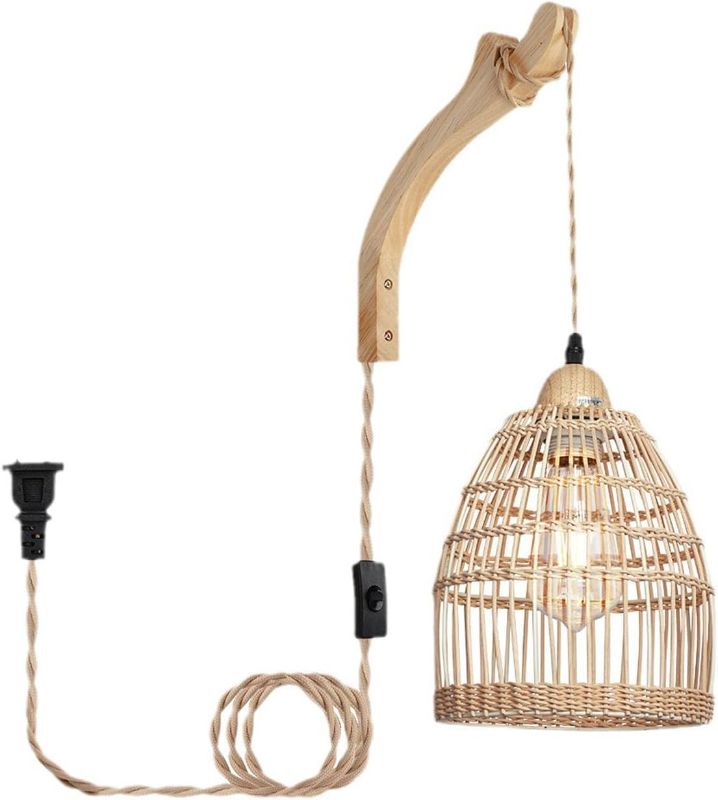 Photo 1 of JaccOs Plug in Hand-Woven Rattan Pendant Light Fixture with 9.8FT Adjustable Cord, Boho Twine Natural Rattan Ceiling Hanging Lamp Wall Light, Wicker Modern Rustic Chandelier for Farmhouse Bedroom,B