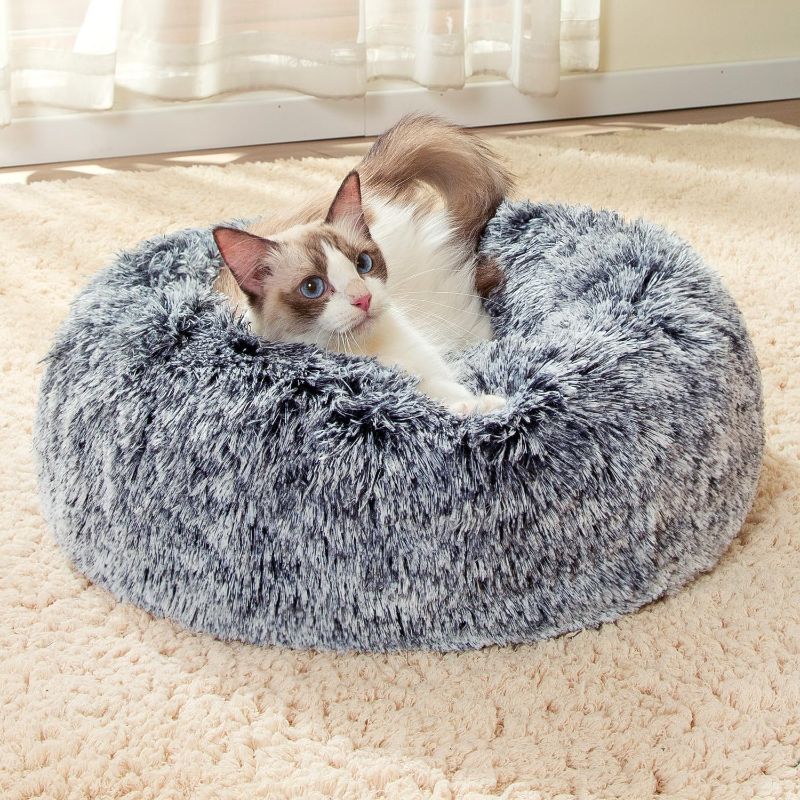 Photo 1 of CATBOAT 23'' Calming Dog Cat Bed - Indoor Washable Donut Dog Bed with Fluffy Faux Fur Plush, Round Anti Anxiety Pets Bed, Warming Cuddler Cushion Bed for Small Medium Dogs and Cats Kittens Puppy, Grey