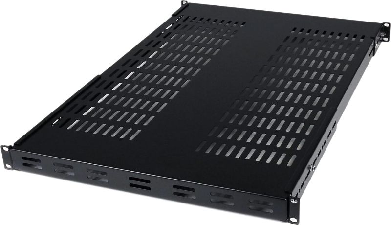 Photo 1 of StarTech.com 1U Adjustable Vented Server Rack Mount Shelf - 175lbs - 19.5 to 38in Adjustable Mounting Depth Universal Tray for 19" AV/ Network Equipment Rack - 27.5in Deep (ADJSHELF), Black, 1.6"x17.5"x38.3"