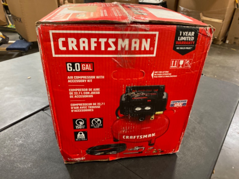 Photo 3 of CRAFTSMAN Air Compressor, 6 Gallon, Pancake, Oil-Free with 13 Piece Accessory Kit (CMEC6150K) & Camco Blow Out Plug With Brass Quick Connect-Aids in Removal of Water From Water Lines (36143) w/ Blow Out Plug