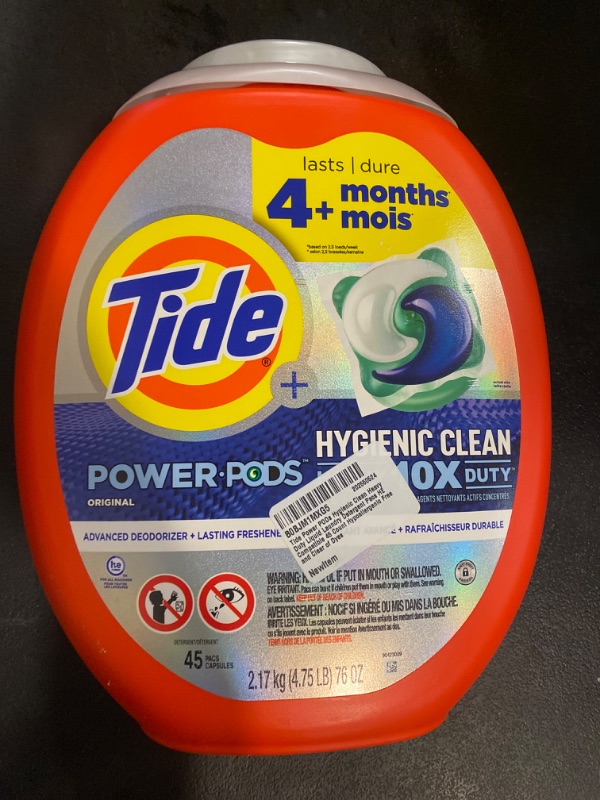 Photo 2 of Tide Power PODs Hygienic Clean Heavy Duty Liquid Laundry Detergent Pacs HE Compatible 45 Count Hypoallergenic Free and Clear of Dyes and Perfumes For Visible and Invisible Dirt Original 45 Count (Pack of 1)