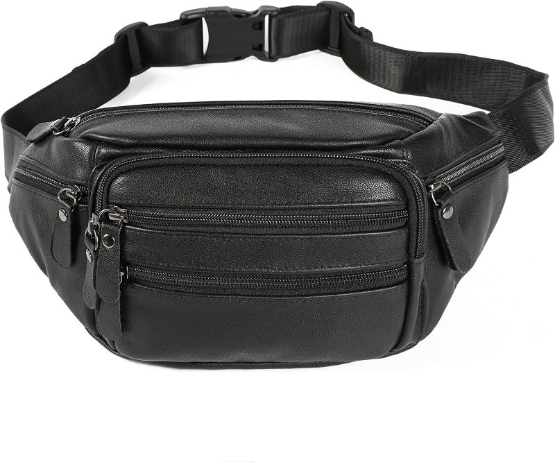 Photo 1 of OrrinSports Black Leather Fanny Pack for Men & Women, Fashionable Multi-Pockets Waist Belt Bag for Travel Sports Hiking Cycling Fishing Running