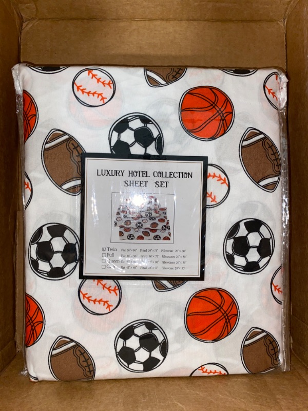 Photo 1 of Linen Plus Sheet Set for Teens Kids Sports Soccer Basketball Football Baseball White Orange Brown Black Flat Sheet and Fitted Sheet and Pillow Case Twin Size New