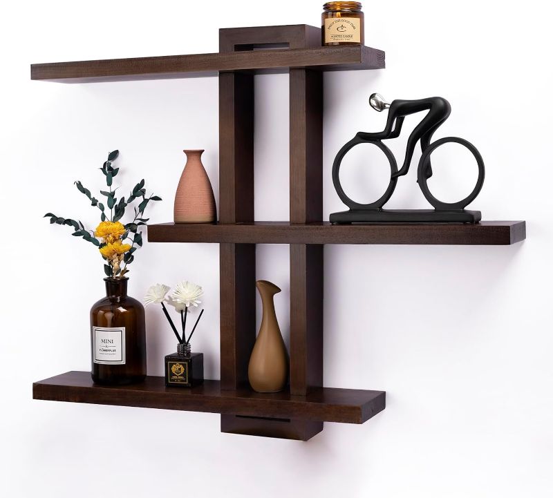 Photo 1 of yaqew Variable Floating Shelves Wood Set of 4, Bathroom Shelves 28.35" Max, Rustic Shelves for Wall, Wall Shelves for Living Room Bedroom Farmhouse - Dark Walnut Color - 28.35" x 23" x 4.3" Max