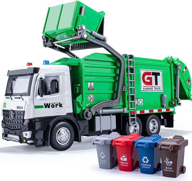 Photo 1 of Garbage Truck Toys Metal Cab, Friction Powered Waste Management Garbage Truck with Lights and Sounds, Recycling Truck Toy Gift for Kids, Front Loader with Dumpster, 4 Trash Bins with Trash Cards, 12"