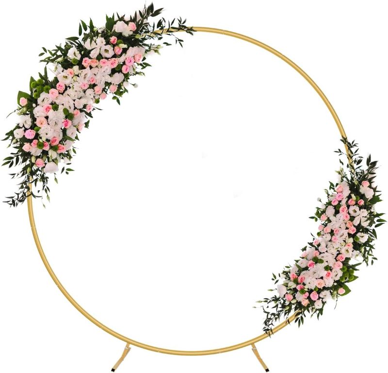 Photo 1 of HEOMU 6.6FT Round Backdrop Stand Circle Balloon Arch Stand, Metal Arch Backdrop Stand Circle Balloon Arch Frame Wedding Arches for Ceremony, Birthday Party, Baby Shower Backdrop Decoration, Gold