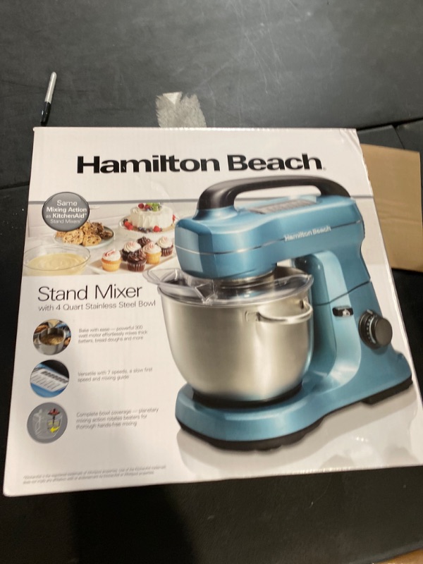 Photo 3 of Hamilton Beach Electric Stand Mixer, 4 Quarts, Dough Hook, Flat Beater Attachments, Splash Guard 7 Speeds with Whisk, Blue Blue Mixer