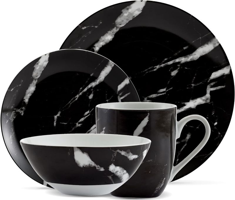 Photo 1 of Safdie & Co. - Black Marble 16-Piece Dinnerware Set, Porcelain, Modern, Dishwasher Safe