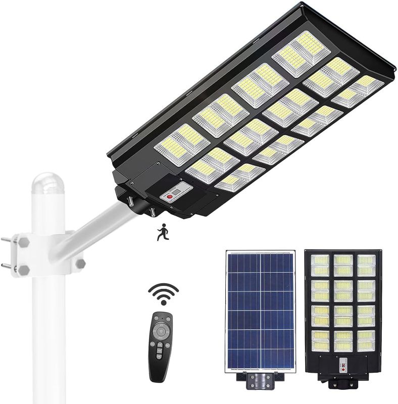 Photo 1 of 1000W Solar Street Lights Outdoor, Motion Sensor Led Solar Outdoor Lights with Remote Control & Arm Pole, 7000K 100000LM IP66 Waterproof Dusk to Dawn Solar LED Lights Lamp for Garden Yard
