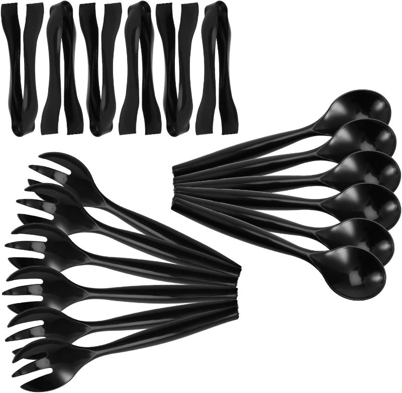 Photo 1 of Set of 18 - Heavy Duty Disposable Plastic Serving Utensils, Six 10” Spoons and Forks, Six 6-1/2” Tongs, Black
