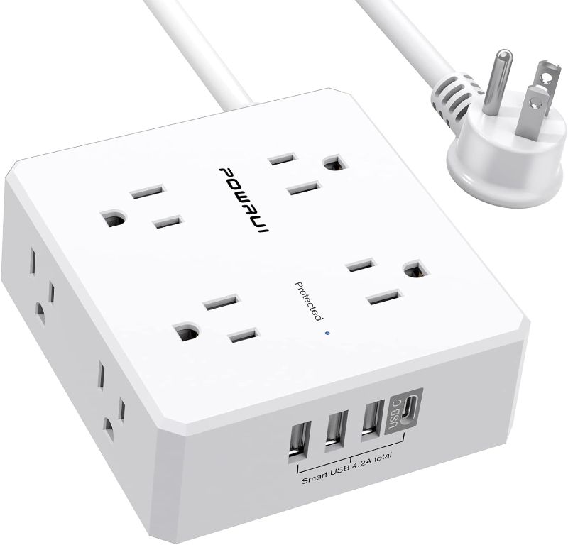 Photo 1 of 10Ft Surge Protector Power Strip - Flat Plug Extension Cord with 8 Widely Outlets and 4 USB Ports(1 USB C), 3 Side Outlet Extender for Home Office Dorm Room Essentials, White?ETL Listed
