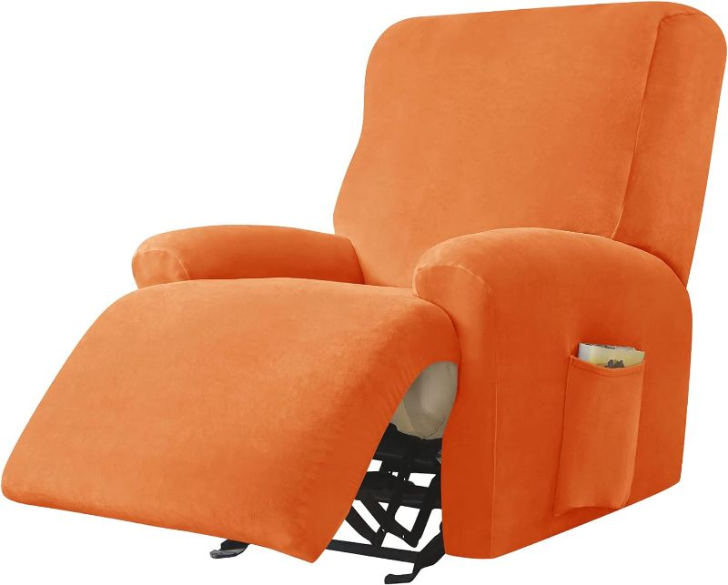 Photo 1 of CONRUSER Recliner Chair Covers, 4-Piece Velvet Stretch Recliner Slipcover Single Seat Couch Cover Soft Furniture Protector with Pocket (Orange)
