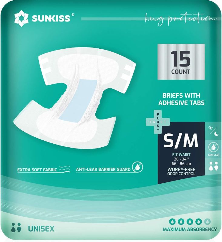 Photo 1 of SUNKISS TrustPlus Adult Diapers with Maximum Absorbency, Unisex Disposable Incontinence Briefs with Tabs for Men and Women, Odor Control, Small/Medium, 15 Count
